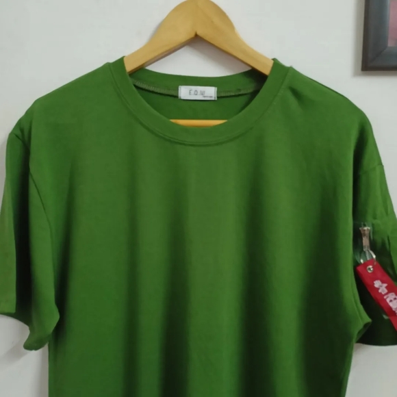 Korean olive green drop sleeves graphic t-shirt for men's and women's - Picture 4 of 4